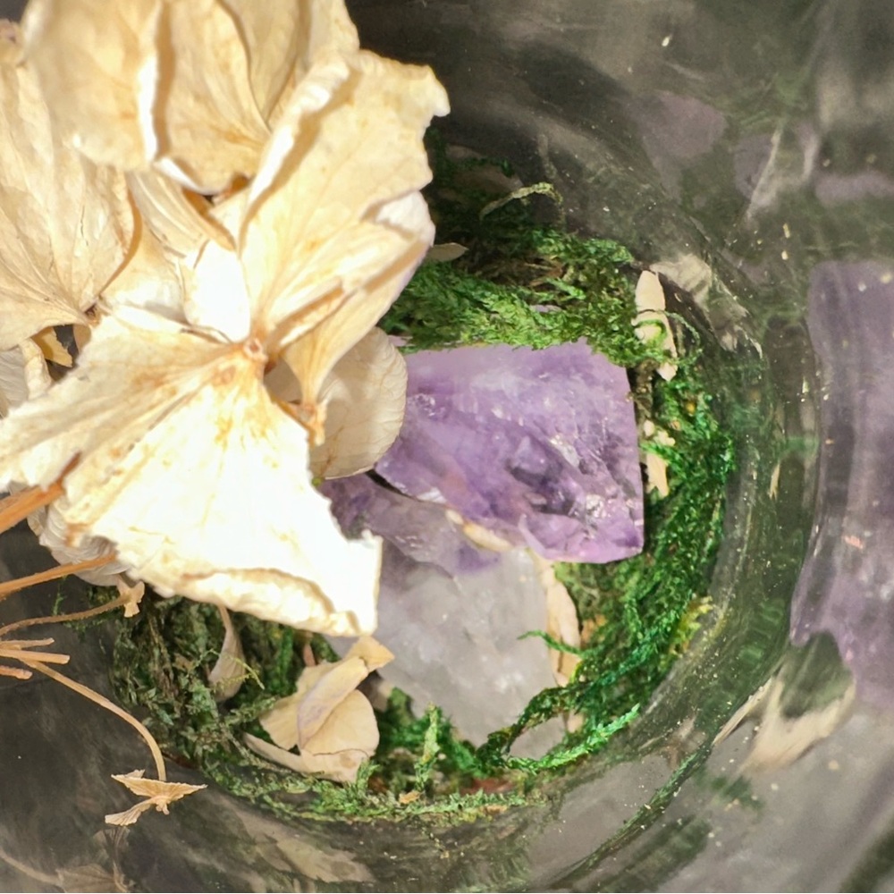 Glass Jar with Dried Wedding Flowers, Green Moss, Two Amethyst Crystal Rocks - Picture 6 of 10